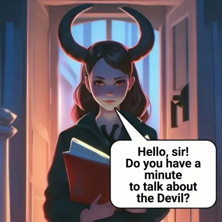How to Sell Your Soul to the Devil – Mysterious woman with horns holding a grimoire inviting to talk about selling your soul