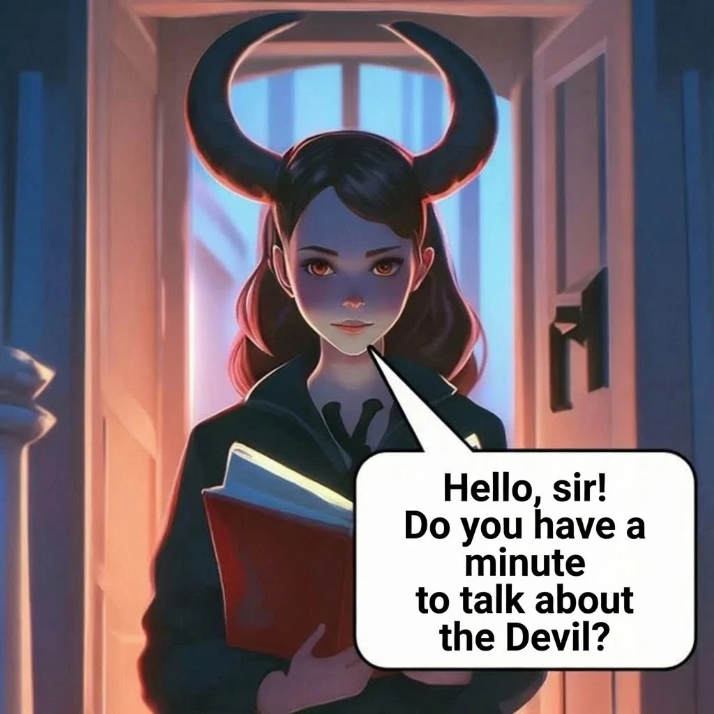 How to Sell Your Soul to the Devil – Mysterious woman with horns holding a grimoire inviting to talk about selling your soul