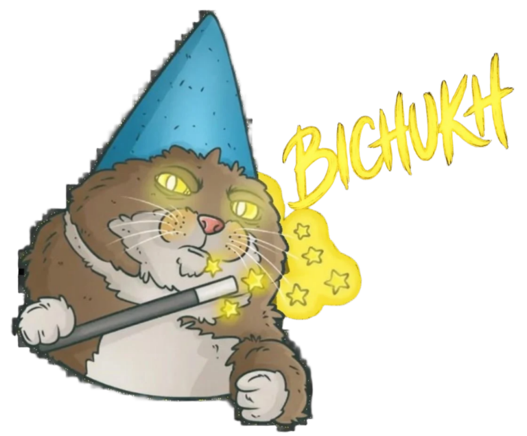 Cute cartoon cat in blue party hat holding magic wand with glowing stars, glowing eyes and yellow text BICHUKH - fun whimsical illustration for selling your soul for a wish article on friday-13th.org