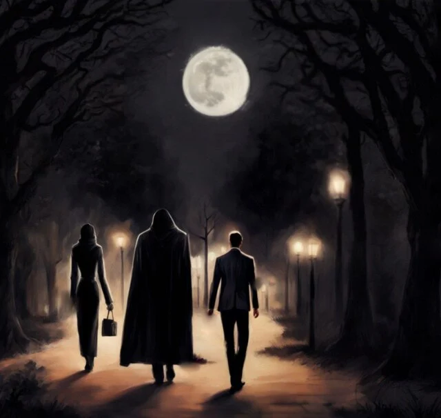Three mysterious figures walking on a foggy moonlit path at night — woman, hooded figure and man in suit — atmospheric scene for the Interview with the Devil