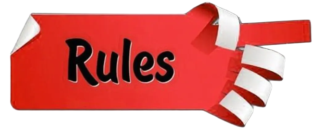 Red ribbon banner with the word Rules in elegant black script